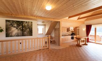 A bright, modern living room with wooden flooring and a wooden ceiling. There is an open kitchen and large windows that let in plenty of light.