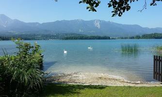 A tranquil lake with gentle waves and green shores. In the background, mountains and a blue sky can be seen.