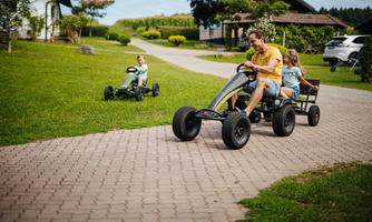 An adult is driving a go-kart while two children are riding on a similar vehicle. The scene takes place on a green meadow against a rural backdrop.