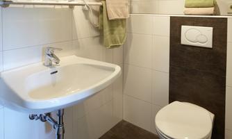 A modern bathroom with a sink and a toilet. Towels hang on the wall and a rug lies on the floor.
