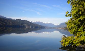 A tranquil lake with mountains in the background and clear blue sky. In the foreground, green leaves are visible.