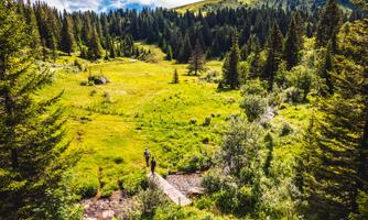 A green meadow surrounded by tall trees and mountains. Two hikers cross a small bridge over a clear stream.