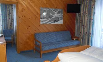 A cozy room with wooden walls and a blue sofa. There is a television and a mirror, while the windows are decorated with colorful curtains.