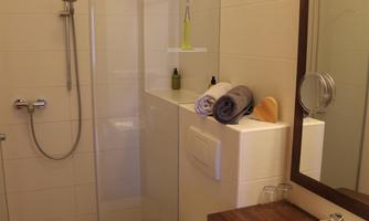 A modern bathroom with a shower and toilet. The sink area is equipped with towels and a mirror.
