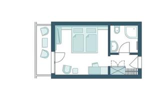 A floor plan drawing of a small apartment. It shows two bedrooms, a bathroom, and a living area.
