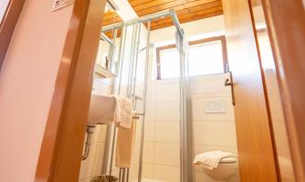 A modern bathroom with a shower and a toilet. The room has bright tiles and a wooden ceiling.