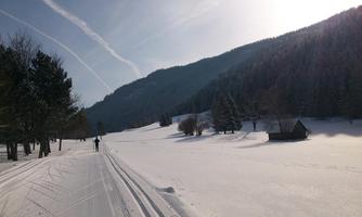 A snowy landscape with cross-country skiing tracks and a clear sky. In the background, mountains and icy trees are visible.