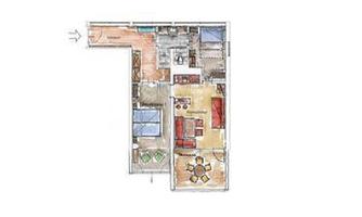 A colored floor plan drawing of an apartment. The rooms are clearly defined with a living room, a kitchen, and two bedrooms.