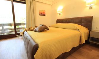 A cozy bedroom with a large, yellow bed and modern lighting. Windows overlooking the outside let in plenty of daylight.
