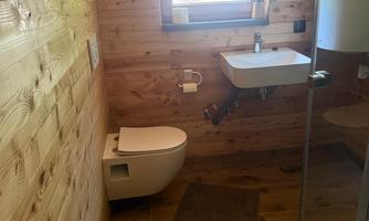 A modern bathroom with wood paneling. It is equipped with a shower, a sink, and a toilet.