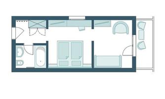A simple floor plan drawing of an apartment. It shows the layout with a bedroom, a bathroom, and a living area.