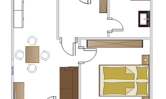 An overview of the floor plan for Apartment Type A in the Tröster holiday homes. The layout features an open living area, a kitchen, and a bedroom with a covered terrace.