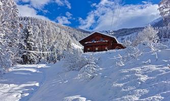 A charming wooden house stands in a snowy landscape. Tall, snow-covered trees and a clear blue sky surround the idyllic scenery.