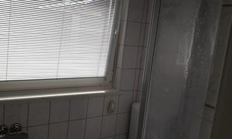 A small bathroom with a shower, a toilet, and a window with blinds. The walls are tiled and the furnishings are kept simple.