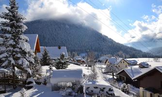 A snowy landscape with pretty houses and snow-covered trees. In the background, a large, wooded mountain rises under a clear sky.