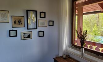 A bright room with a picture wall and a large window. Outside there is a lot of greenery, and daylight streams in.