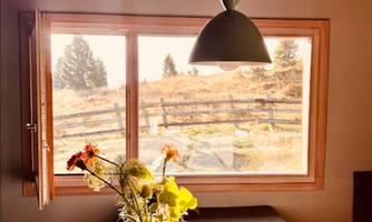View from the kitchen out to the mountains.