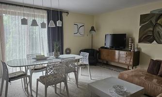 A modern living room with a dining table, chairs, and a sofa. Large windows let in plenty of light and there are some decorative elements.