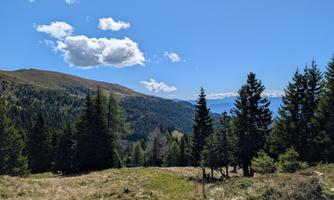 A picturesque mountain landscape with green forests and a clear blue sky. In the background, gentle hills and mountains can be seen.