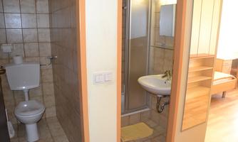 A simple bathroom with a toilet, a shower, and a hand wash basin. The walls are tiled and the floor is made of wood.