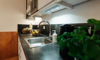 A modern kitchen unit with a stainless steel sink and dark countertop.
