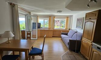 A bright living room with a table, chairs, and a sofa. Large windows provide a view of the outside.