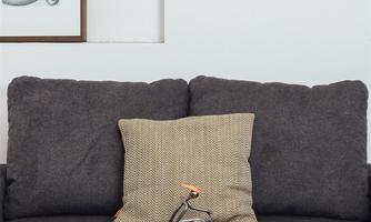 A cozy living room with a gray sofa and a decorative cushion. On a round table, there is a miniature of a bicycle, and modern artworks are hanging on the wall.