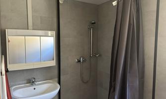 A bathroom with a shower, a sink, and a mirror. The walls are tiled in light gray.