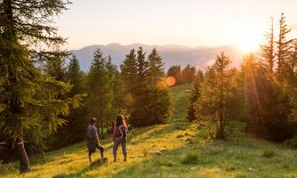 Two hikers are standing in a green meadow, looking at the sunset behind the mountains. Surrounded by tall trees, they enjoy the peaceful nature.