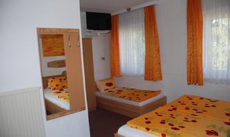 A simple bedroom with two beds and a mirror. The walls are painted light, and the curtains are orange.