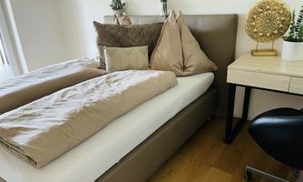 A cozy bedroom with a comfortable bed and large pillows. Next to the bed is a desk with a plant-decorated table lamp.
