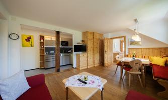 A modern apartment with wooden interiors and a cozy seating area. The open kitchen and dining area create an inviting atmosphere.