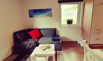 A cozy living room with a gray sofa, a red cushion, and a small table. The room has large windows overlooking the greenery.