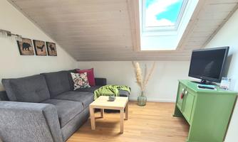 A cozy living room with a gray sofa and a small table. A skylight provides plenty of daylight and a view of the blue sky.