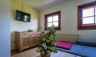 A cozy living space with a television and two windows. A table with a vase full of flowers and a sofa are also visible.