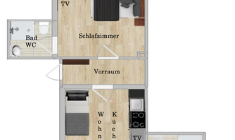 A clear floor plan drawing of an apartment. The rooms include a bedroom, a kitchen, a living area, a bathroom, and a balcony.