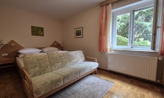 A cozy room with a double bed and a sofa bed. A window offers a view of greenery and brings in daylight.