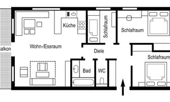 A floor plan of an apartment with an open living-dining area, kitchen, three bedrooms, and a bathroom. The layout also shows a balcony.