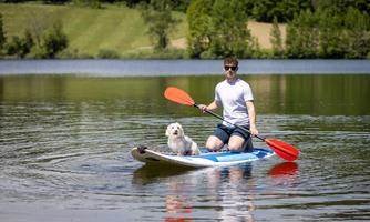 A man is paddling with his dog in a canoe on a calm lake. In the background, green trees and gentle hills can be seen.