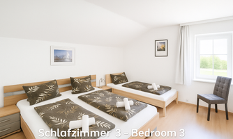 A bright bedroom with three beds and modern furniture. Large windows provide plenty of daylight.