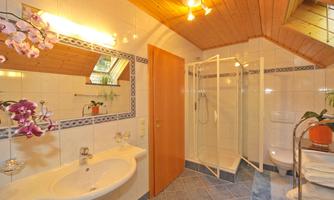 A modern bathroom with a shower cabin and elegant tiles. Colorful plants and bright wood create a pleasant atmosphere.