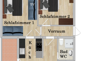 A clear floor plan drawing of an apartment with three bedrooms and an open living area. Two balconies and several bathrooms are also indicated.