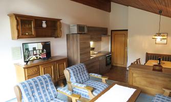 A cozy kitchen-living room with wooden furniture, a television, and a modern kitchen. The decor is bright and friendly.