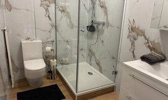 A modern bathroom with a shower cabin and a toilet. The walls are adorned with elegant marble and the floor is made of wood.