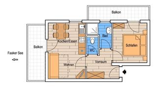 An apartment floor plan with two balconies, one bedroom, one living room, and one bathroom. The plan shows the layout of the rooms and their functions.