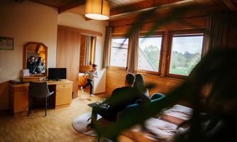 A cozy room with a wooden ceiling and large windows. In the room, there are a sofa, a television, and a desk.