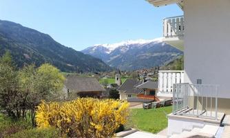 A picturesque landscape with mountains and green meadows. In the foreground, flowering shrubs and a house can be seen.