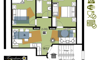 A layout for a holiday apartment with two bedrooms, a living area, and a kitchenette. The drawing shows the arrangement of the furniture and the amenities of the apartment.