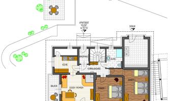 An architectural plan of a house with several rooms. Outside, a garden area and a terrace are drawn.