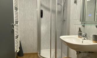 A modern bathroom with a shower cubicle, a sink, and a mirror. The floor is laid with wooden planks and there is a wooden chair in the corner.
